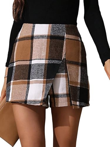 WDIRARA Women's Plaid High Waist Zipper Back Split Hem Skort Casual Shorts Brown Small | Amazon (US)