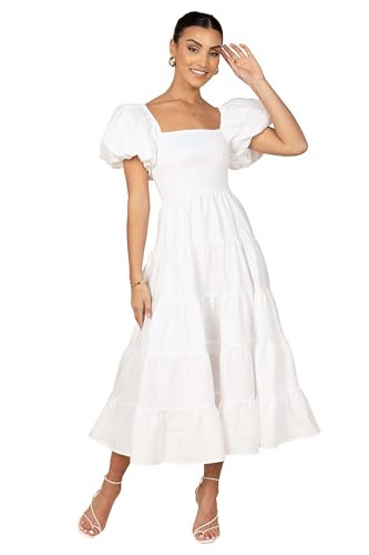 Petal & Pup Annette Puff Sleeve Shirred Midi Dress - White M | Amazon (US)