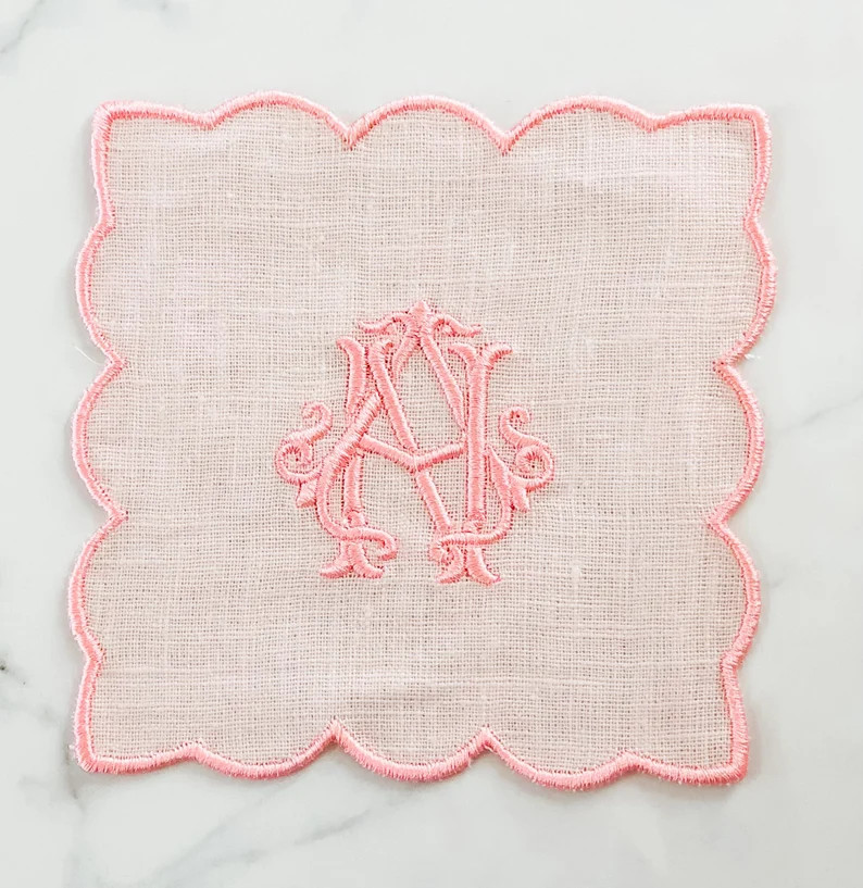 Scalloped linen cocktail napkin/monogramed linen cocktail coaster/barware/bar napkins | Etsy (US)