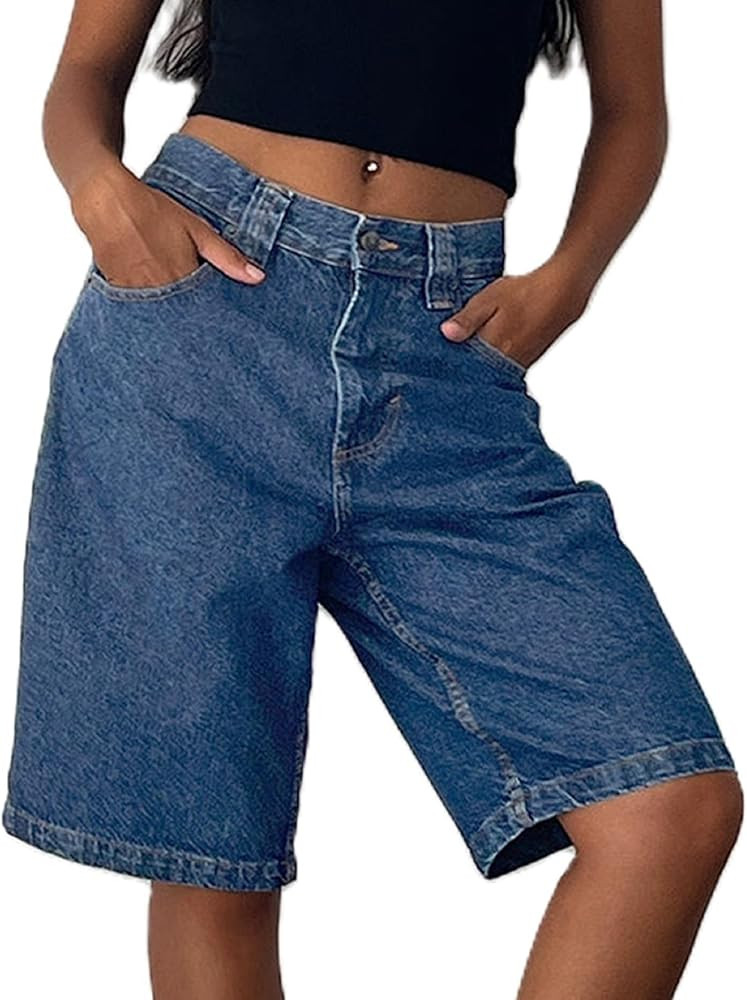NUFIWI Women Baggy Denim Bermuda Shorts Y2k Vintage Straight Leg Denim Shorts Casual Knee Length ... | Amazon (US)