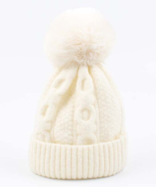 L-smile Women's Beanies white - White Cable-Knit Pom-Pom Beanie | Zulily