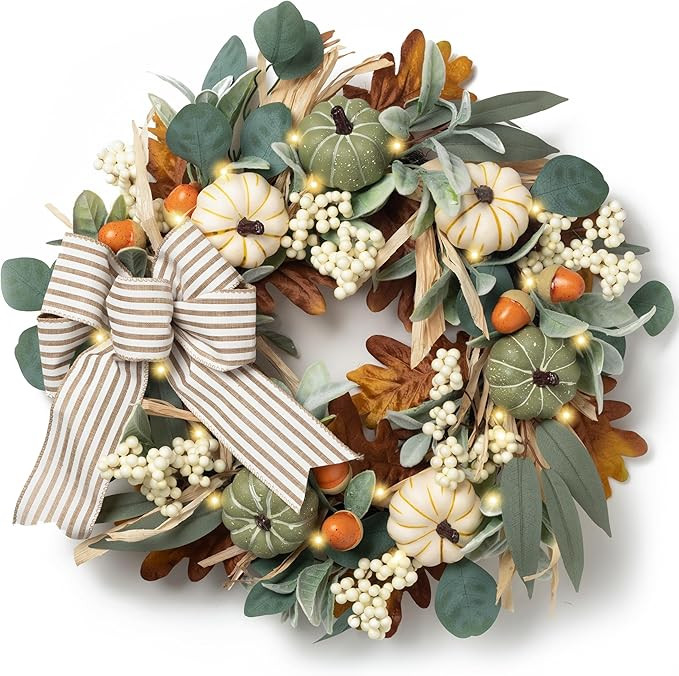 Valery Madelyn 20'' Fall Wreaths for Front Door with LED Lights | Farmhouse Autumn Wreath with Wh... | Amazon (US)