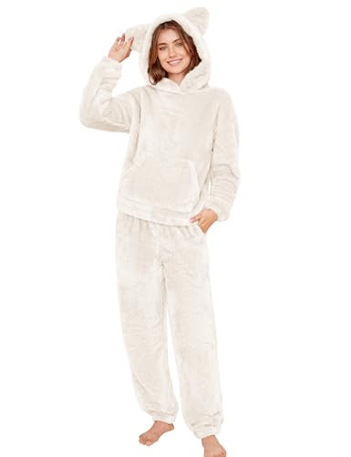COZYPOIN Women's Fuzzy Pajamas Sets Hooded Bear Ear Fluffy Fleece Loungewear Sleep Pullover Top Pants 2 Piece Outfits Pockets(Beige-S) | Amazon (US)