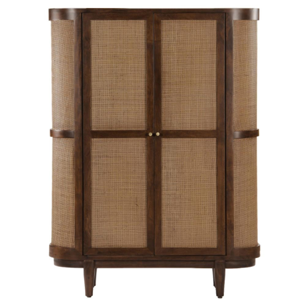 Daphne Mid Century Dark Acacia Wood Woven Cane Rattan Bookcase | Kathy Kuo Home
