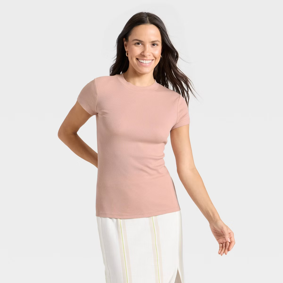 Women's Slim Fit Short Sleeve Ribbed T-Shirt - A New Day™ Pink L | Target