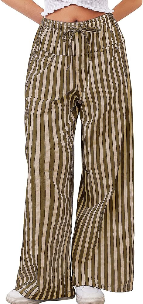 2026 Summer Striped Pants Women Loose Wide Leg Drawstring Pants Lightweight Low Rise Lounge Trous... | Amazon (US)
