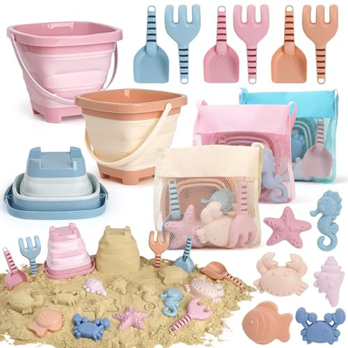 Dreamon Beach Toys Set for Kids 3-10, Collapsible Sand Buckets with Beach Molds and Mesh Bag, 3 Pack Shovels Set Sand Toys for Beach, Sandbox Travel Toys for Toddlers Kids | Amazon (US)