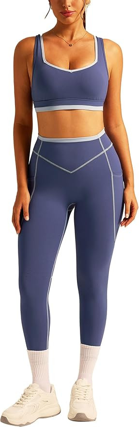 ABOCIW Workout Sets for Women 2 Piece Square Neck Sports Bra Contrast Stitching High Waist Leggin... | Amazon (US)