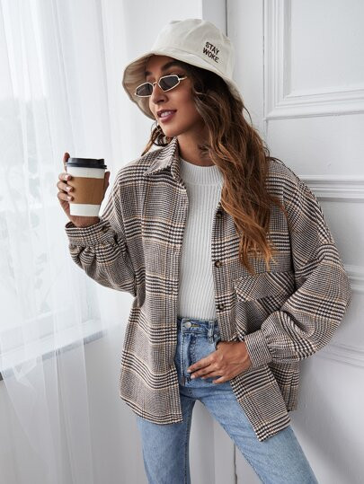 Plaid Pocket Drop Shoulder Coat | SHEIN