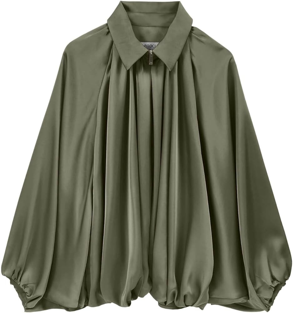 Womens Satin Puffed Bomber Jacket Oversized Batwing Sleeve Lapel Collar Pleated Zip Up Outerwear ... | Amazon (US)