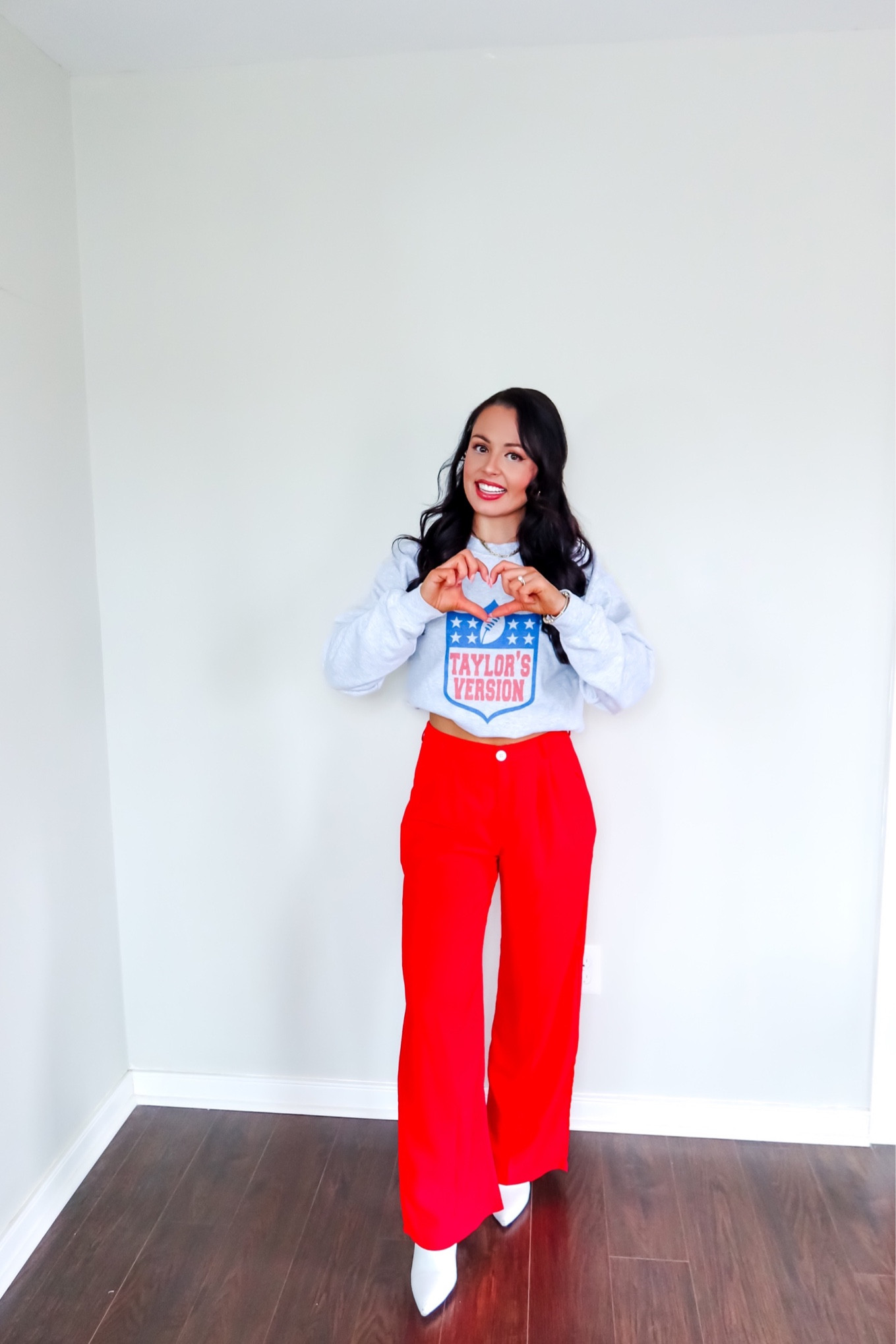 NFL Taylor’s version sweatshirt (small), red trouser pants (sized up to a medium), under $30 amazon white pointed toe booties (tts) #founditonamazon 

#LTKparties #LTKsalealert #LTKfindsunder50