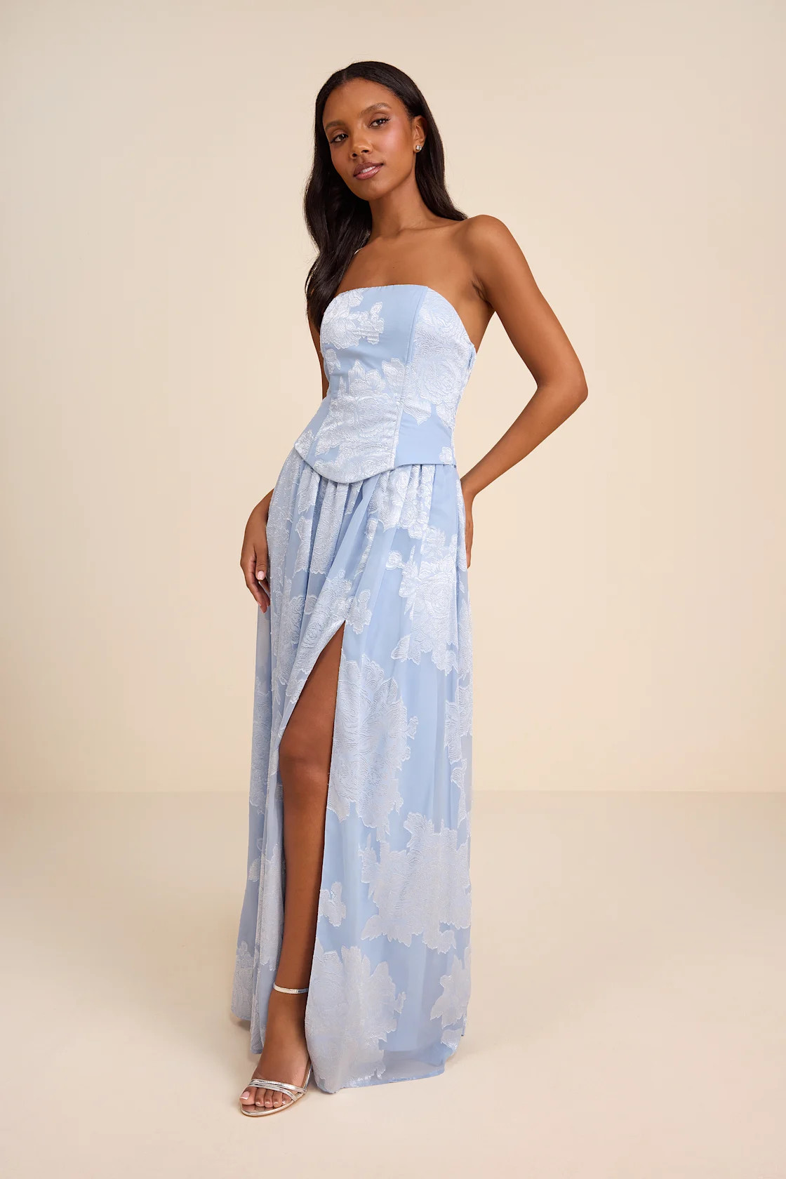 Alanis Light Blue Floral Burnout Lace-Up Maxi Dress | Lulus