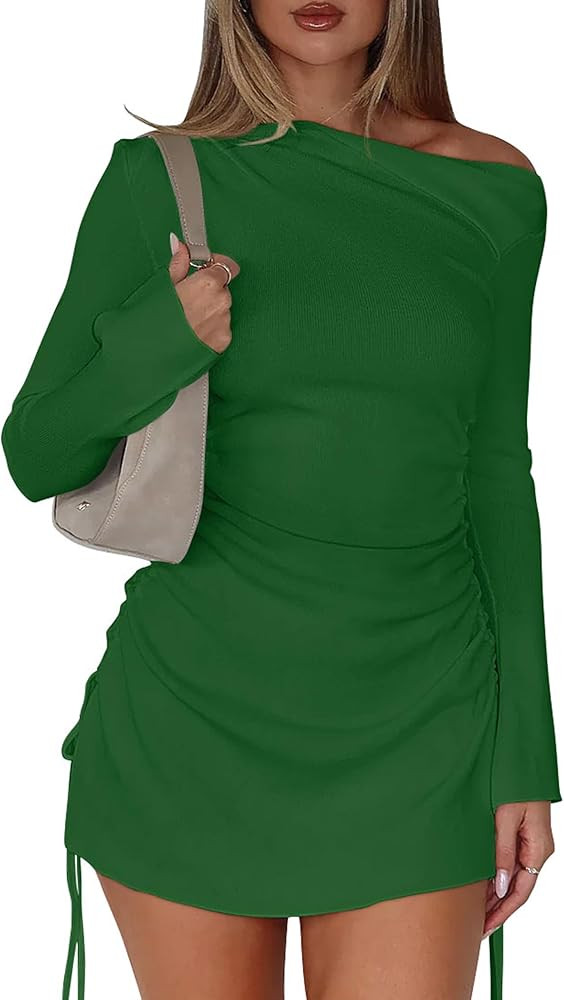 BEAGIMEG Women's Sexy Bodycon Long Sleeves Flared Sleeves One Shoulder Side Split Ruched Club Par... | Amazon (US)