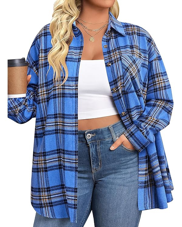 IN'VOLAND Plus Size Flannel Plaid Button Down Shirt | Amazon (US)