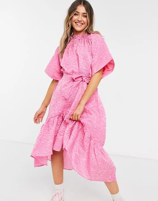 Forever U midi dress with tie detail in pink jacquard | ASOS (Global)