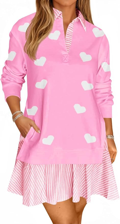 Wenrine Womens Oversized Sweatshirt Dress Casual Long Sleeve Collared V Neck Patchwork Loose Mini... | Amazon (US)