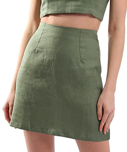 Amazhiyu Womens Pure Linen High Waist Mini Pencil Skirt Summer Zipper Short Skirt(Green,XX-Large) | Amazon (US)