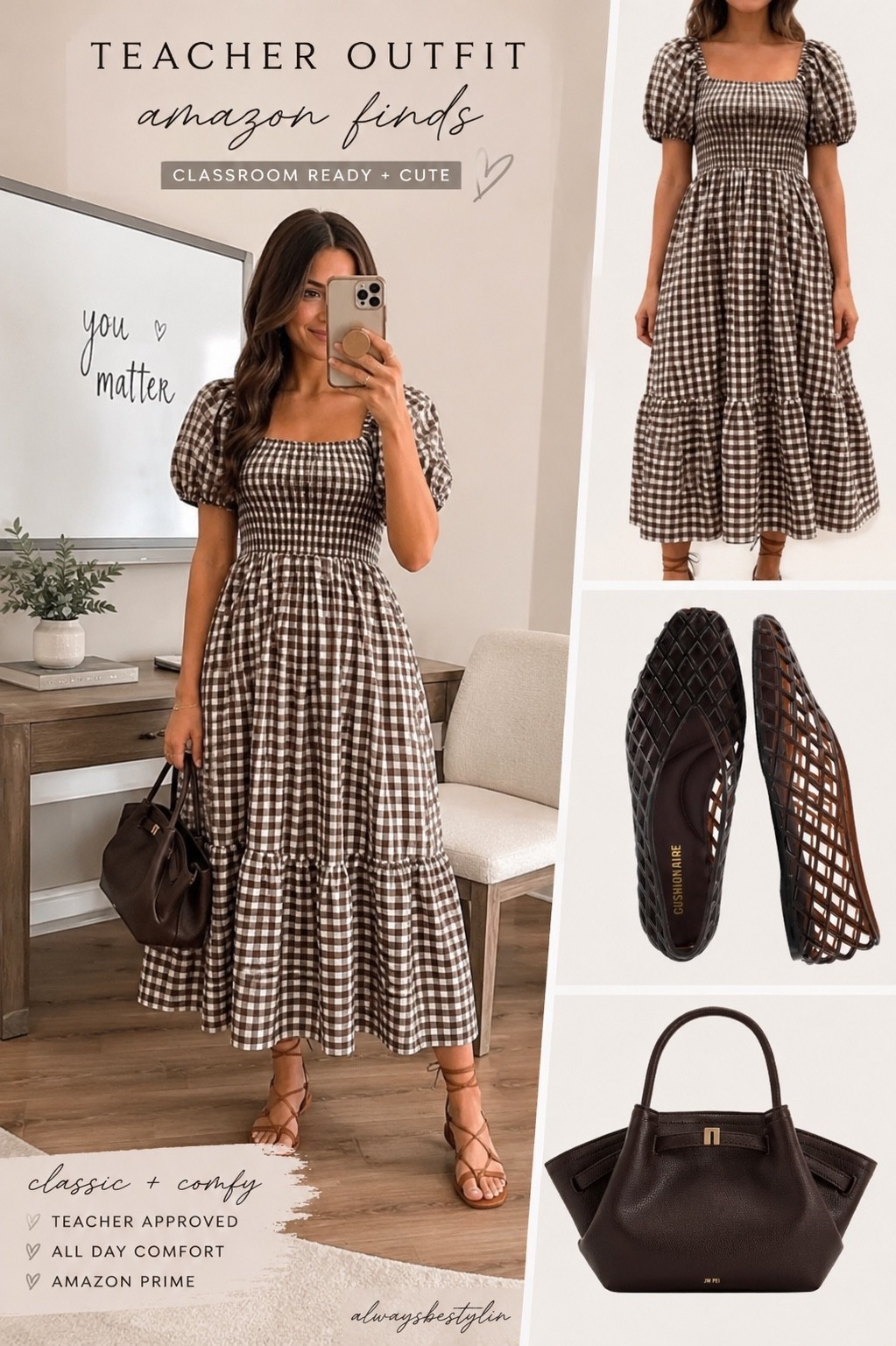 Teacher style, but make it cute 🤎📚 This Amazon outfit is giving effortless classroom chic! The gingham midi dress is comfy enough for all-day wear, and these woven flats are the perfect finishing touch. Add a chocolate brown bag and you’re ready for school in style. 🍎✨

#LTKootd #LTKSaleAlert #LTKSeasonal