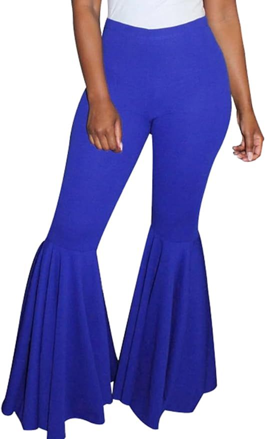 Women's Bell Bottoms Elastic Waist Ruffle Stretchy Fitted Solid Color Fashion Pleated Flared Pant... | Amazon (US)