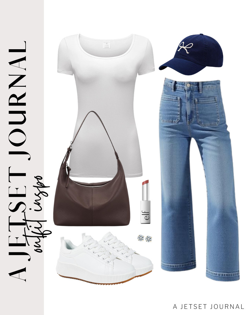 Our last outfit is Tankaneo wide-leg jeans worn with an OThread & Co. white tee. To style this fit, you can wear these LUCKY STEP platform sneakers and a baseball cap with bow embroidery. Finish this look with a befen leather shoulder bag and gold stud earrings.

#LTKSeasonal #LTKSaleAlert #LTKTravel
 

 