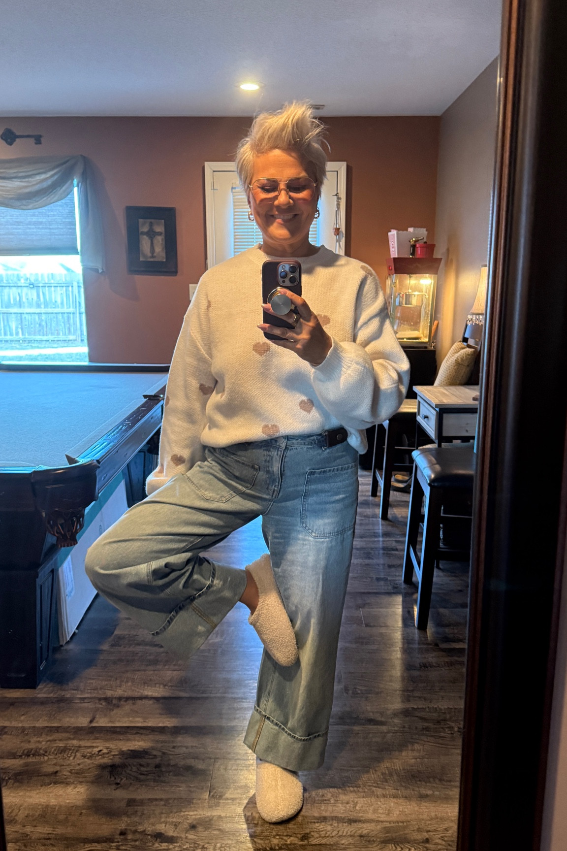Today’s flamingo pose 

This sweater is nice and thick, doesn’t itch at all! Runs slightly oversized. I’m wearing a medium and I’m 148/36C/5’4"

Slippers are from Amazon and I can’t link them - search RockDove Women's Teddy Fleece slipper, they run about a half size big.

#LTKFindsUnder50 #LTKHome #LTKOver40