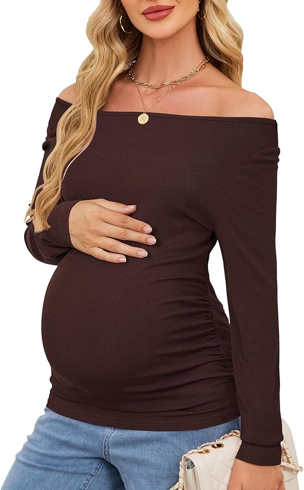 OUGES Womens Stretchy Wool Blend Off The Shoulder Side Ruched Maternity Tops Casual Going Out Tre... | Amazon (US)