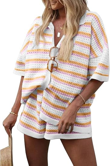 Yimoon Womens Striped Knit Pajama Set Short Sleeve Button Shirt Matching Shorts 2 Piece Outfits C... | Amazon (US)