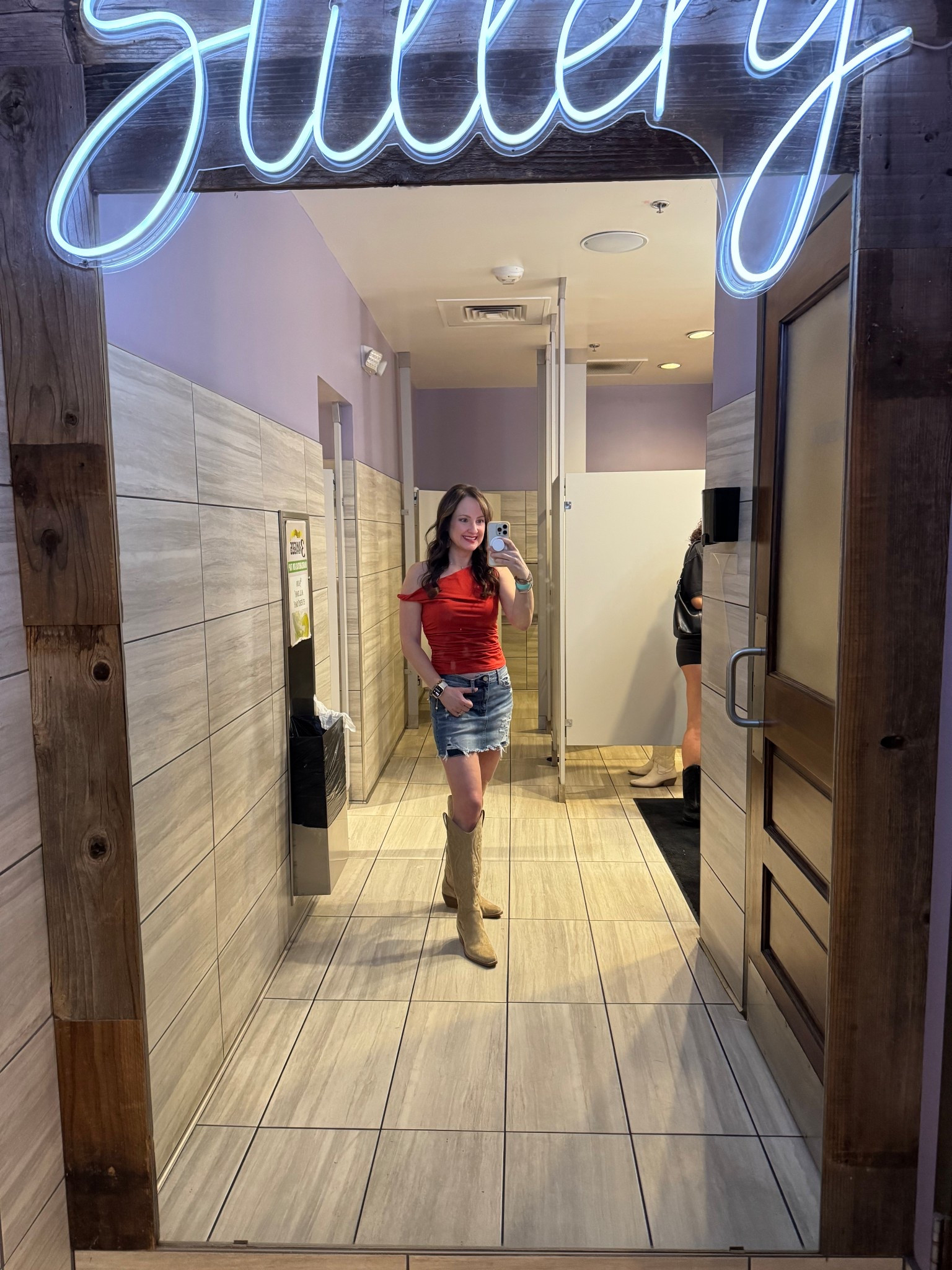 Date night outfit Jean skirt red asymmetrical off the shoulder tank top tan suede cowboy boots going out top Abercrombie target American Eagle urban outfitters Hollister Amazon Christmas Eve shirt 

#LTKShoeCrush #LTKStyleTip #LTKHoliday