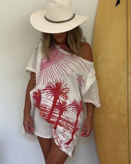 We The Free Rising Sun Tee | a cotton + red palm & pink sun graphic = slouchy style w/ an oversized fit + the widest scoop-neckline! • added sleeve detail plus embroidered detailing throughout entire top  | Hat | Made from Nikki Beach straw & metal trim band. One size! Definitely beach approved w/ a UPF 50+ 🌊🌴

#LTKStyleTip #LTKSwim #LTKFindsUnder100