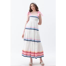 Multi Color Stripe Printed Tie-Strap Maxi Dress | Chicwish