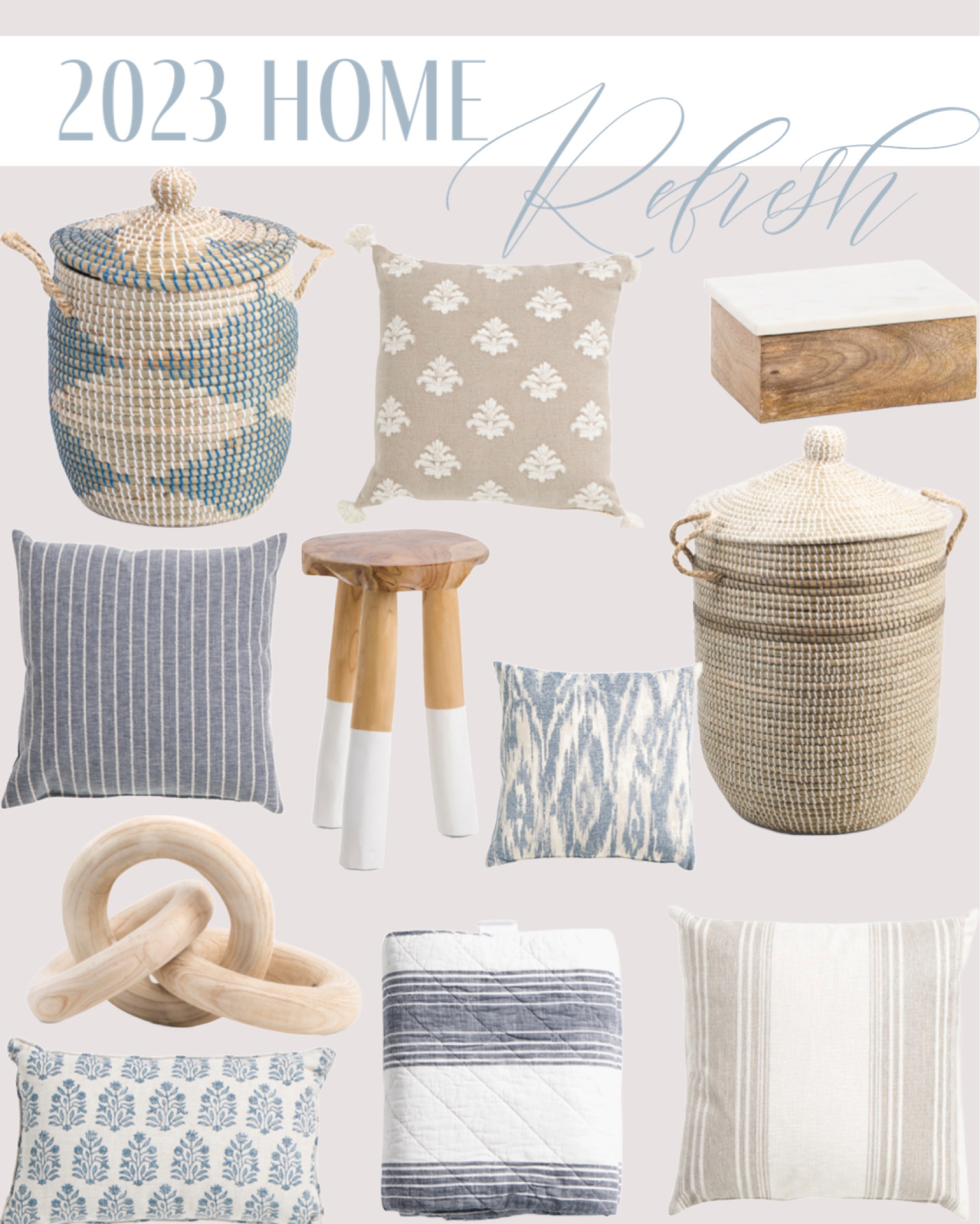 Coastal home decor including beautiful blue, tan, and white throw pillows, seagrass baskets , mango wood link chain , wood and marble box , #competition 

#LTKunder50 #LTKFind #LTKhome