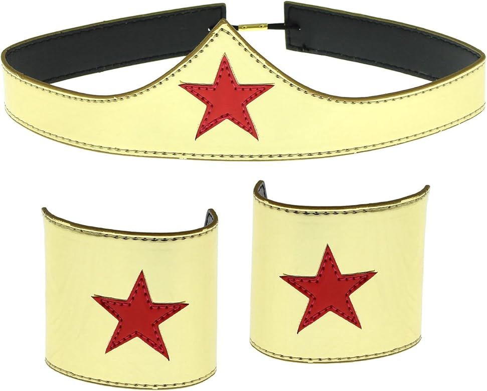 Wonder Woman Cuff and Tiara Adult Cosplay Costume Set Gold | Amazon (US)