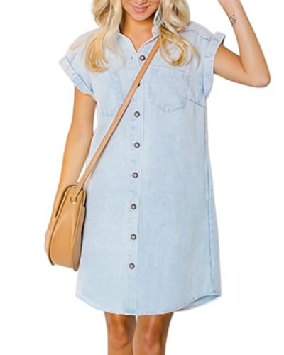KDF Denim Dress for Women 2024 - Short Sleeve Denim Dress with Pockets Women Blue Jean Dress Sky Blue Denim Shirt Dresses for Women Size Medium | Amazon (US)
