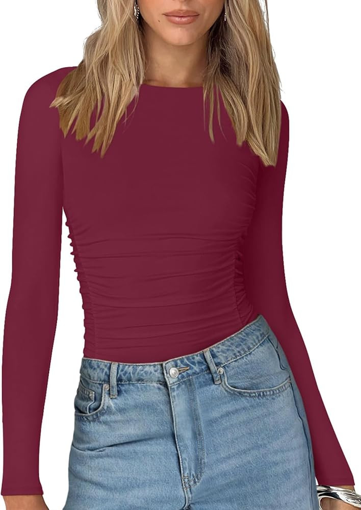 PINKMSTYLE Womens Classic Crew Neck Double Lined Long Sleeve Bodysuit Ruched Slim Fitted Fashion ... | Amazon (US)