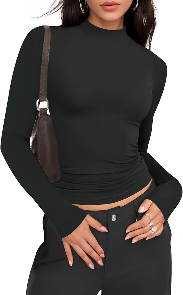 YOGINGO Womens Mock Turtle Neck Basic Long Sleeve T Shirt Slim Fit Tees Fall Y2k Going Out Crop T... | Amazon (US)