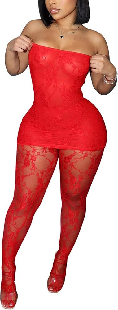 Women 2 Piece Outfits Sexy Mesh Legging Sets Bodycon See Through Lace Dress | Amazon (US)