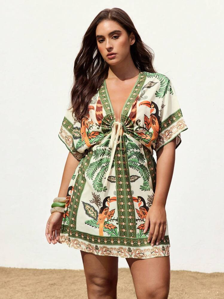 Maija Plus Size Women Plant Print Front Tie Batwing Sleeve Casual Dress Women Summer Sets Beach Cover Up Beach Coverup Women Resort Wear Toucan Dress Beach Dress Back To School Clothes Homecoming Modest Vintage Clothes Women Old Money Teacher Outfits For Women Romantic, Fashion, Versatile; Comfortable, Stylish, Elegant, Casual, , Simple Daily Wear, Essential, Solid Color, Holiday Casual, Decent, Single Lady, Elegant Fashion Business Casual Woman Going Out Tops Graduation Outfit Going Out Tops Women | SHEIN