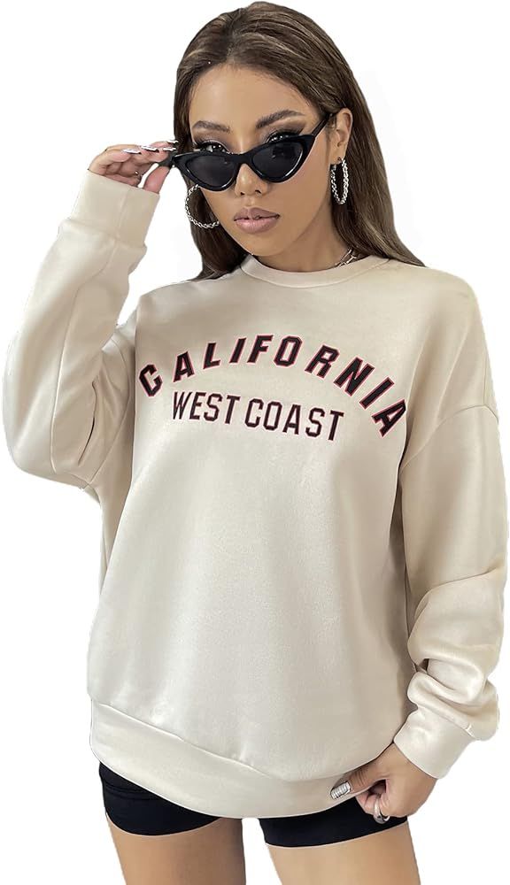 GORGLITTER Women's Drop Shoulder Letter Print Pullover Sweatshirt Crewneck Fleece Sweatshirt | Amazon (US)