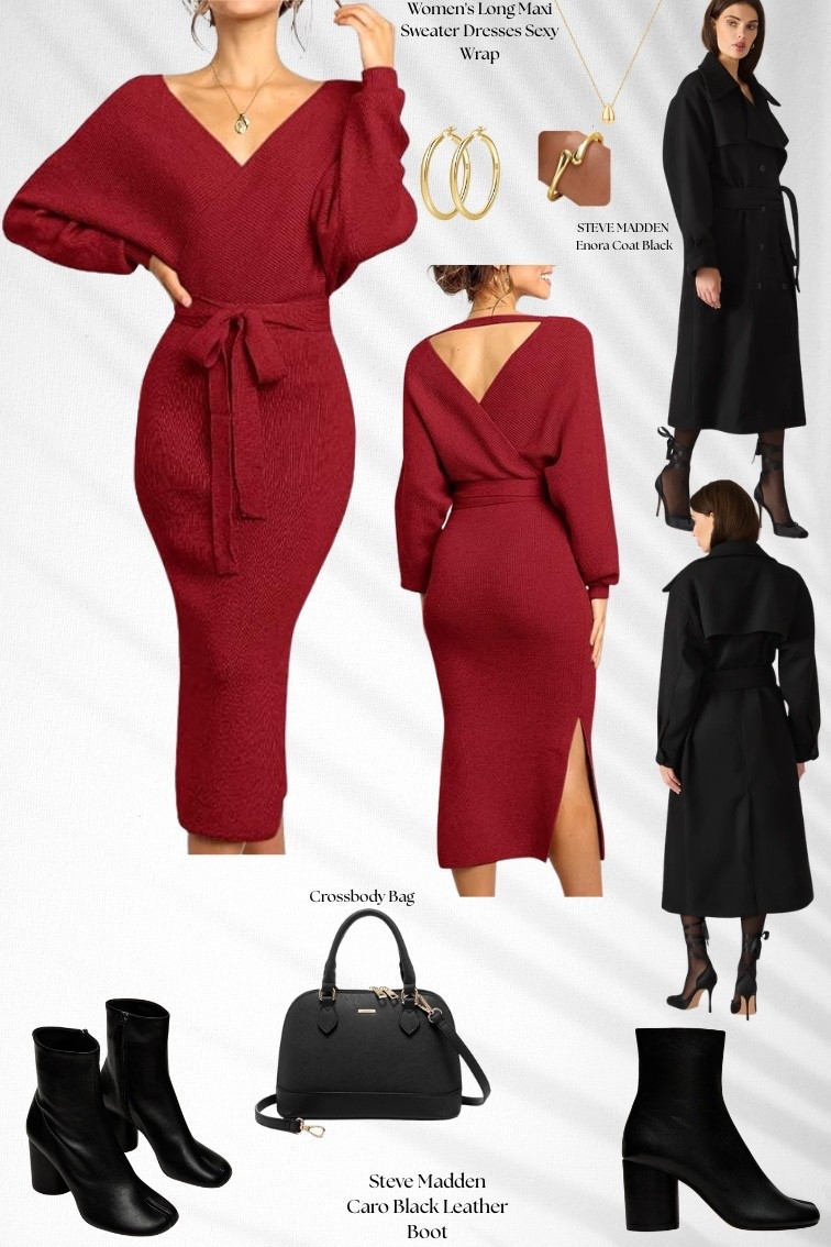 Red-hot confidence, but make it classy ❤️‍🔥
Maxi wrap sweater dress + black coat + gold jewelry + black booties + crossbody bag. 

#LTKootd #LTKBeauty #LTKgrwm
