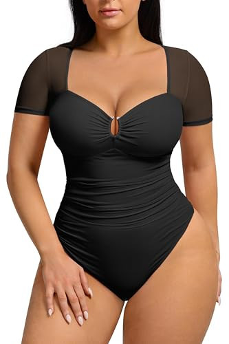 FeelinGirl Black Shapewear Bodysuits for Women V Neck Body Suits Smooth Sheer Mesh Thong Ruched Tops | Amazon (US)