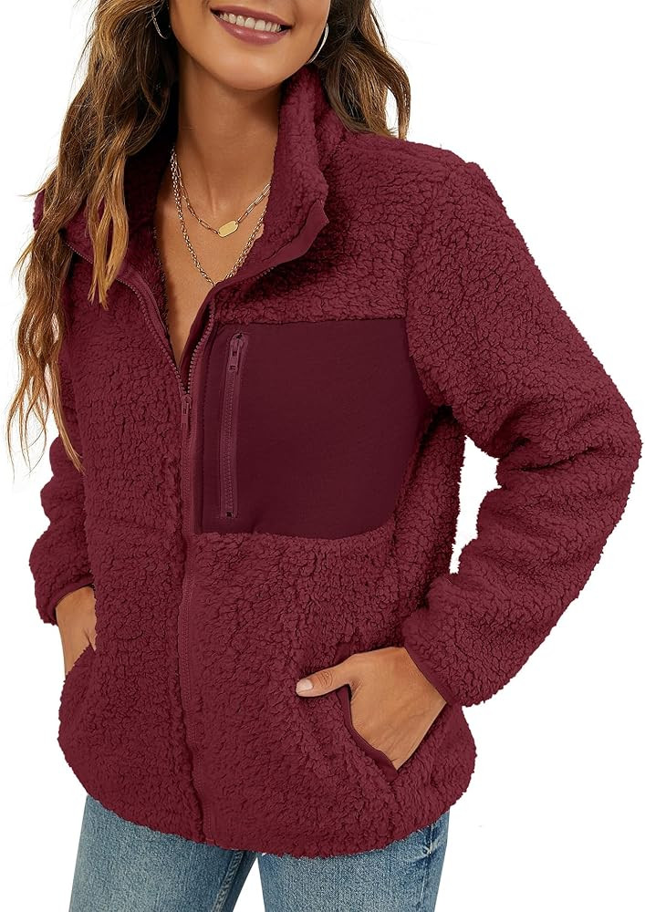 VVK Women's Fashion Faux Shearling Shaggy Full Zip Coats Warm Winter Patchwork Jackets with Pocke... | Amazon (US)