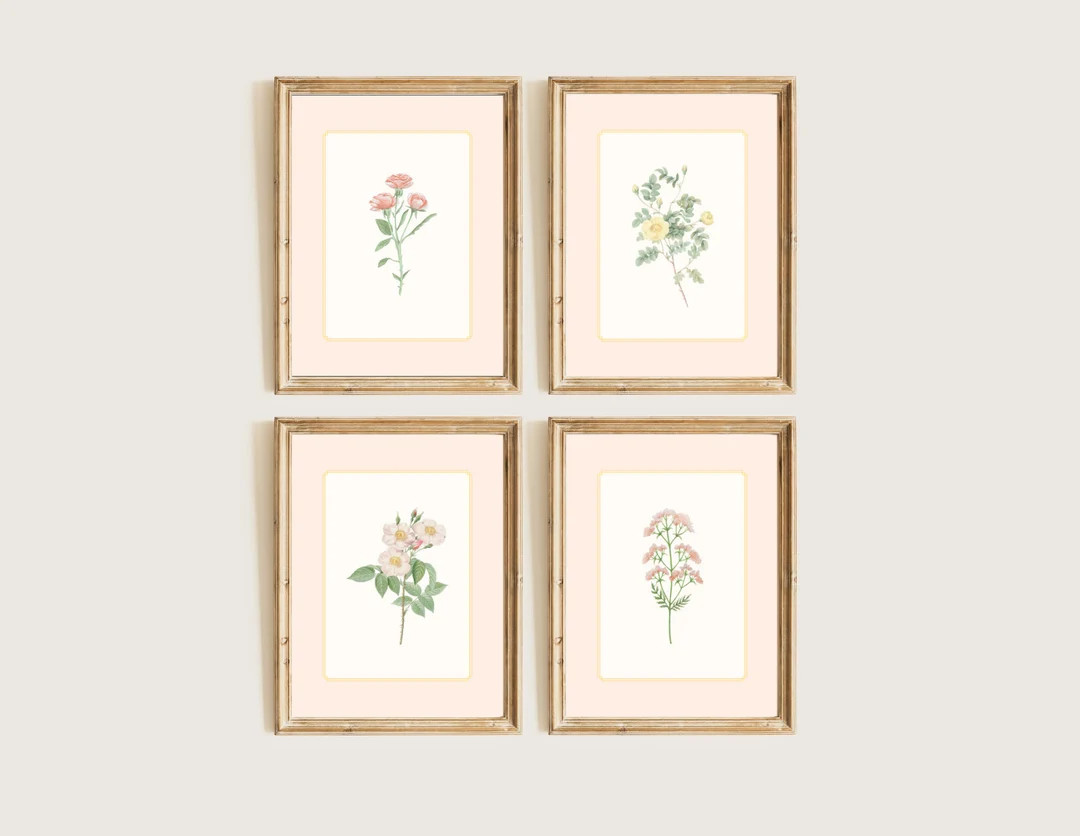 Gallery Wall Prints Vintage Floral Cottagecore Pastel Pink Botanical Nursery Set of 4 Digital Dow... | Etsy (US)