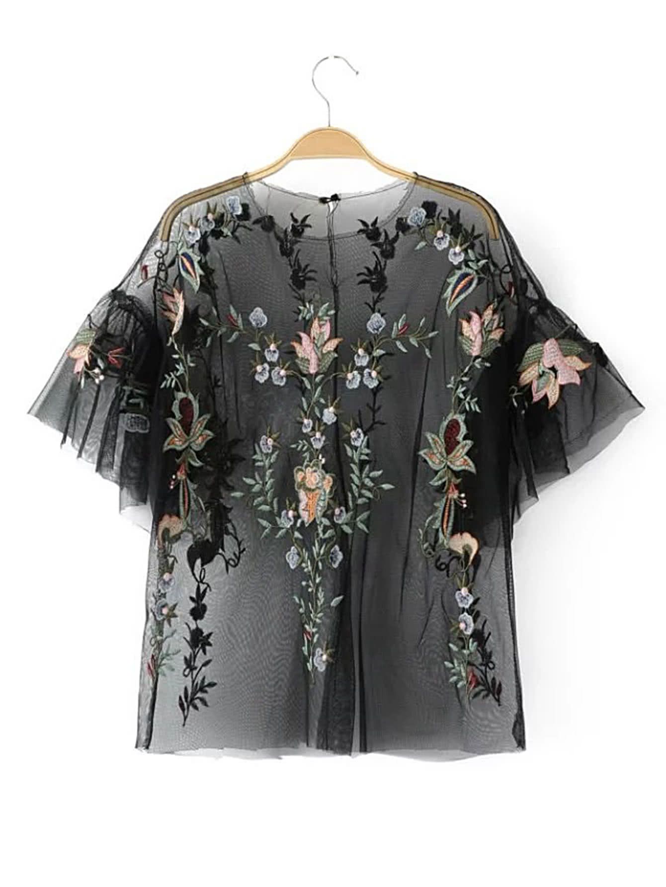 Flower Embroidery Sheer Mesh Top | SHEIN