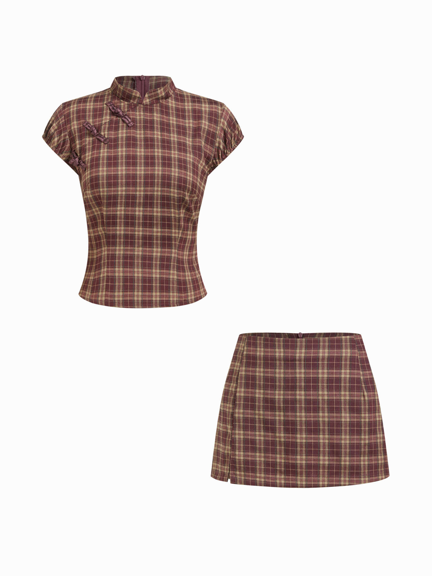 Gewebt Set aus Plaid-Oberteil mit Mandarin-Kragen und Mini-Skort mit Mittelbund und Reißverschlu... | Cider
