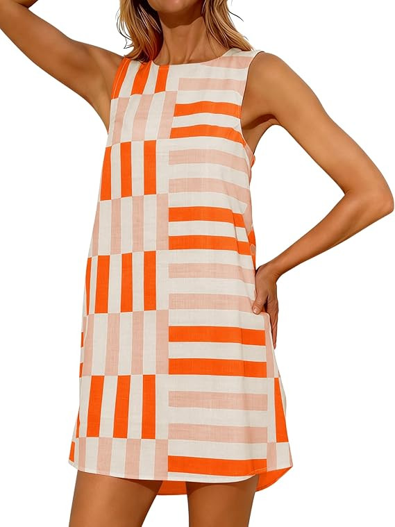 Womens Summer Boho A-Line Mini Dress Casual Color Block Sundress Sleeveless Beach Vacation Coveru... | Amazon (US)