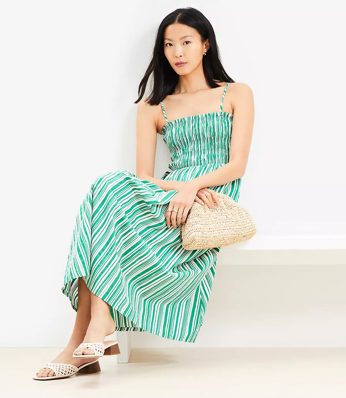 Striped Poplin Smocked Strappy Maxi Dress | LOFT