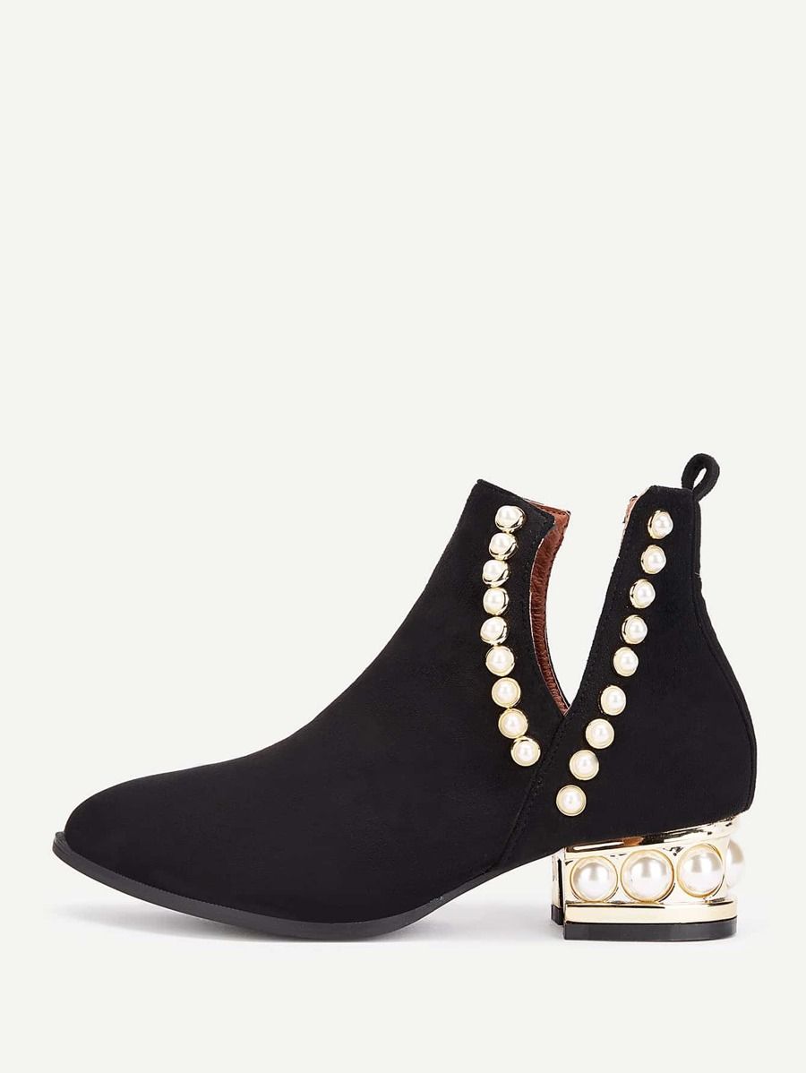 Faux Pearl Block Heeled Ankle Boots | SHEIN