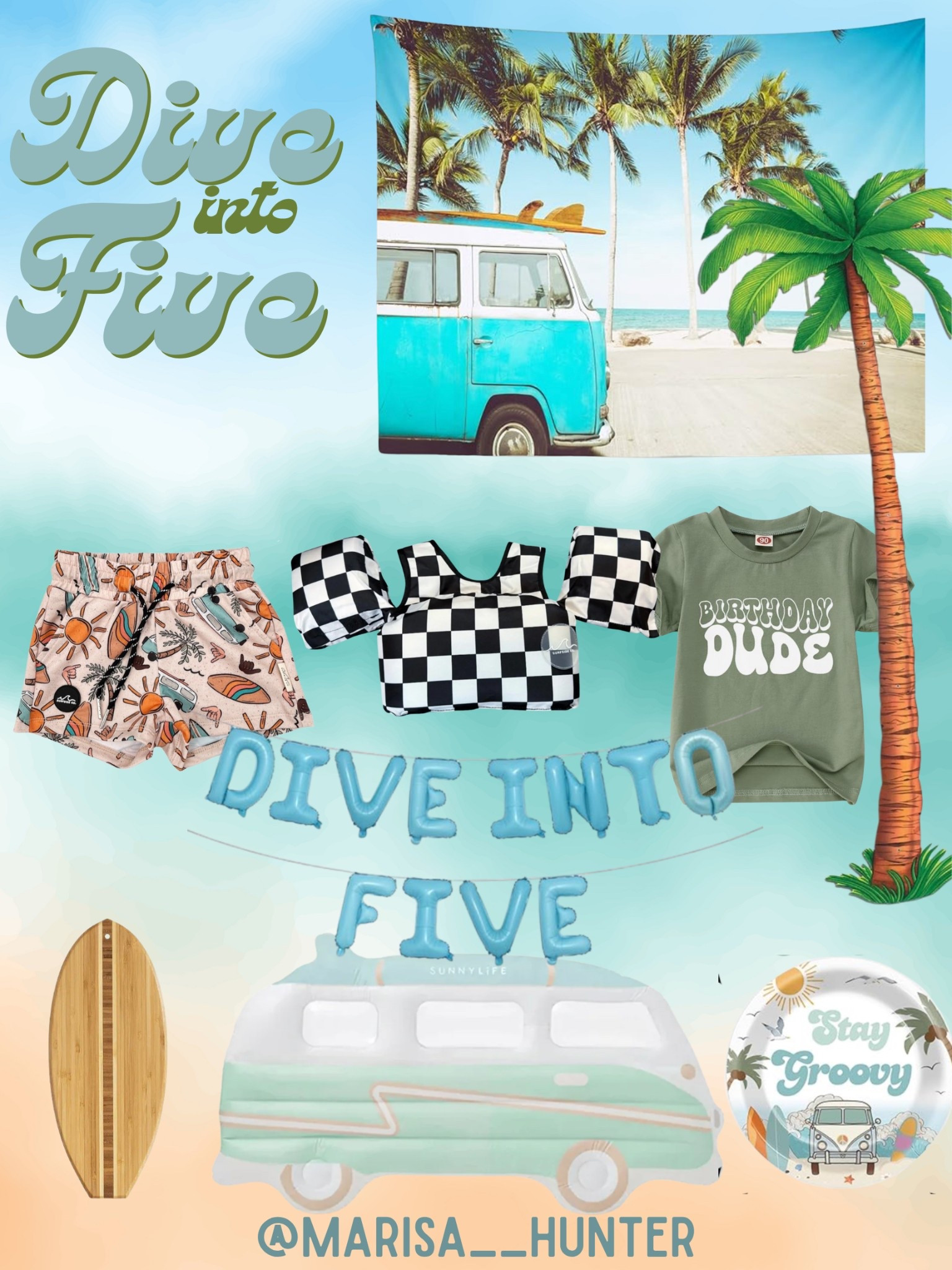 Dive into five 🌊☀️🏝️🏄‍♂️

5th birthday party decor vintage beach party surf club birthday dude jeep palm trees pool party stay groovy floatie balloons pool float swim suit T-shirt backdrop 

#LTKParties #LTKSwim #LTKKids