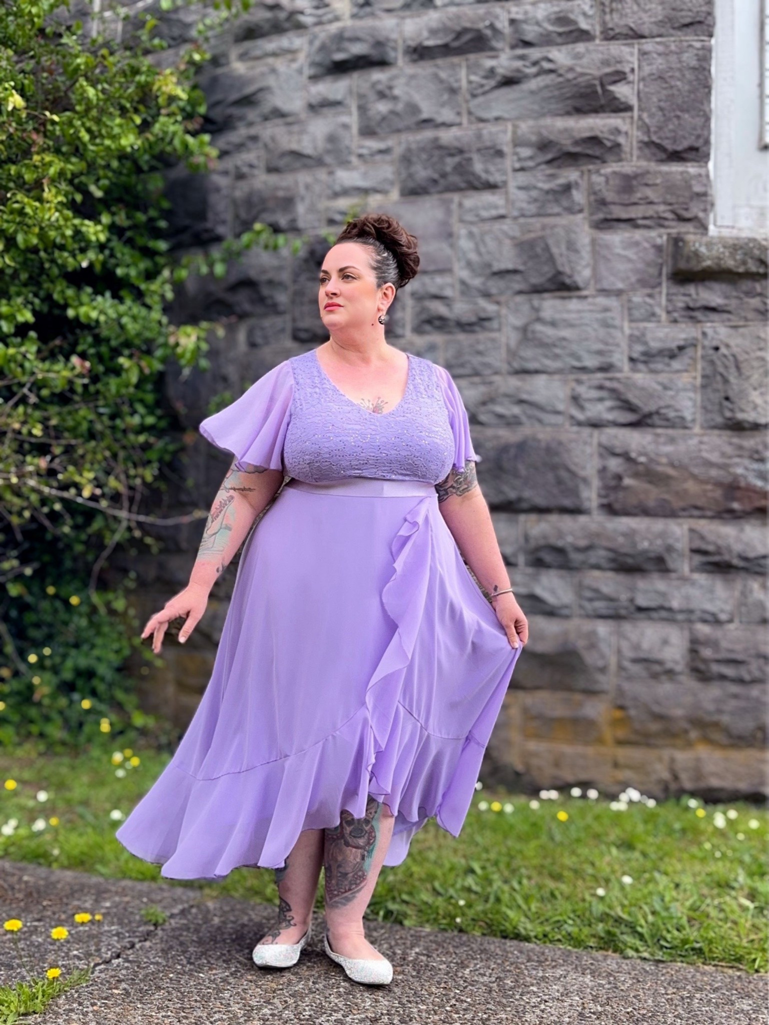Plus size formal lavender dress with hi-lo ruffle hem and cutter sleeves.  Sparkle lace v-neck bodice 

#LTKPlusSize #LTKFindsUnder100 #LTKWedding