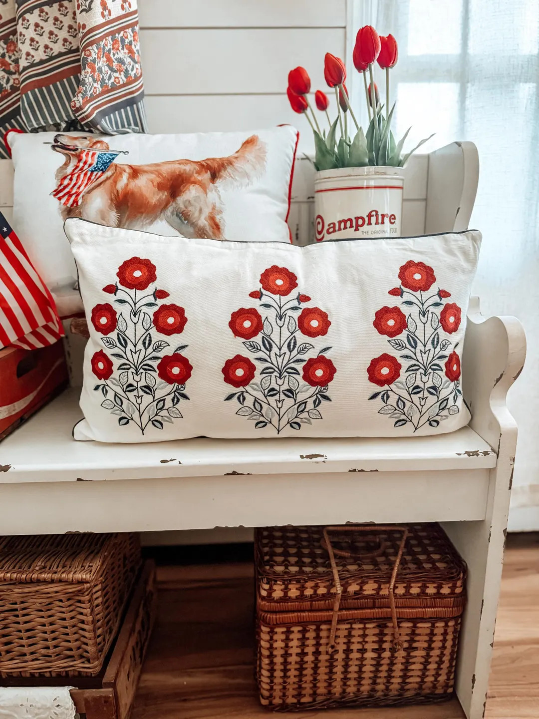 Red White Blue Embroidered Lumbar Pillow, Americana Cottage Decor, Farmhouse Accent Pillow, Vinta... | Etsy (Global)